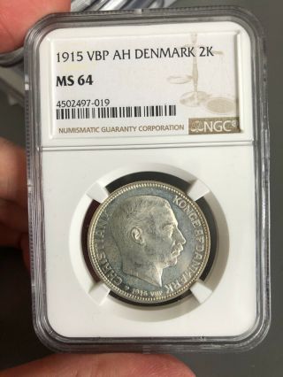 Denmark 1915 Silver 2 Kroner Ngc Ms 64