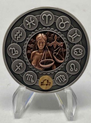 Libra Zodiac Signs - 2019 1 Oz Pure Silver Antiqued Coin With Wood Insert Niue