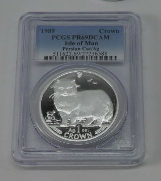 1989 Isle Of Man Proof Silver Persian Cat / Ag Pcgs Pr69 Dcam Km250a
