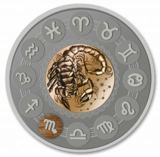 Scorpio Zodiac Signs - 2019 1 Oz Pure Silver Antiqued Coin With Wood Insert Niue