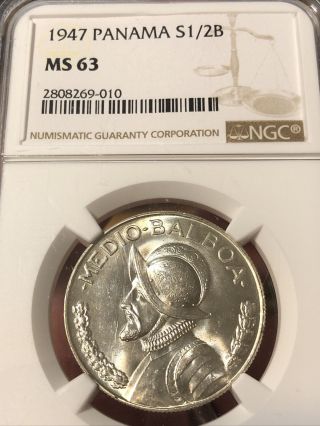 Ngc Ms63 Panama 1947 Silver 1/2 Balboa