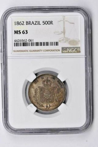 1862 Brazil 500 Reis Ngc Ms 63 Witter Coin