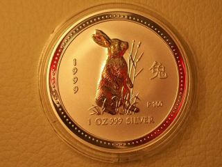 1999 Australia $1 One Dollar Lunar I Silver Ag.  999 1 Oz Rabbit Gilded Gilt 2