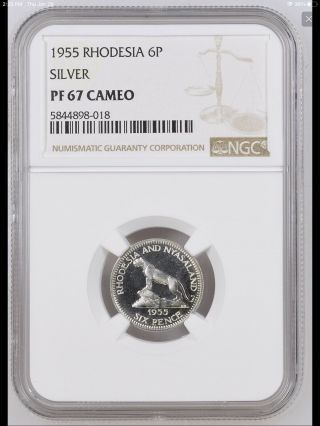 1955 Rhodesia Nyasaland 6 Pence Proof Silver Coin Ngc Pf - 67 Cameo