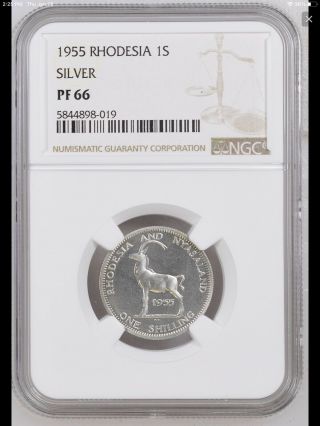 1955 Rhodesia Nyasaland 1 Shilling Proof Silver Coin Ngc Pf - 66 Highest Grade