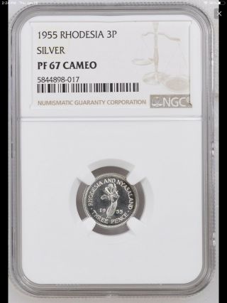 1955 Rhodesia Nyasaland 3 Pence Proof Silver Coin Ngc Pf - 67 Cameo Highest Grade