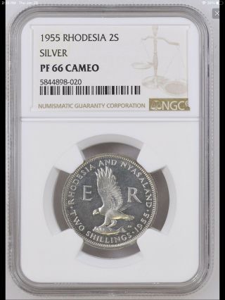 1955 Rhodesia Nyasaland 2 Shilling Proof Silver Coin Ngc Pf - 66 Cameo