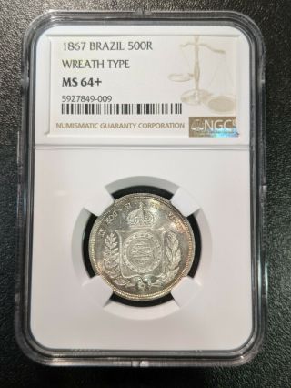 1867 Ms64,  Brazil Silver 500 Reis Wreath Type Ngc Km 464 Only 3 Graded Higher