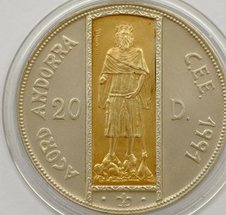 Andorra 20 Dinars 1991 Ecu Customs Union 1.  5g Gold,  25g Silver Coin