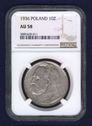 Poland 1936 10 Zlotych Silver Coin,  Warsaw,  Ngc Certified Au - 58