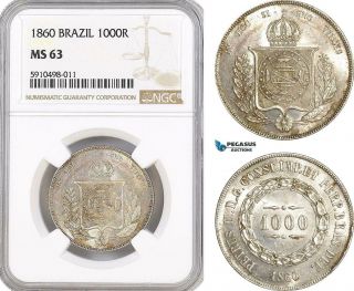 Af840,  Brazil,  Pedro Ii,  1000 Reis 1860,  Silver,  Ngc Ms63