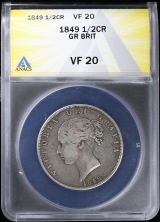 1849 Great Britain 1/2 Crown Anacs Vf20 Details Very Fine Young Victoria Silver