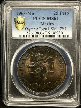 1968 - Mo Silver Mexico Olympic 25 Peso Pcgs Ms64 Deep Unique Mixed Color Toned.