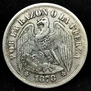 Republic Chile 1878 So (25 Gram) Un (1) Peso 0.  900 Silver Coin Km 142.  1.  1