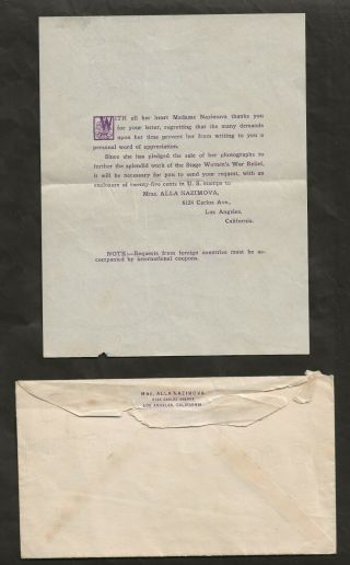 1920 Alla Nazimova Fan Photogragh Response Letter