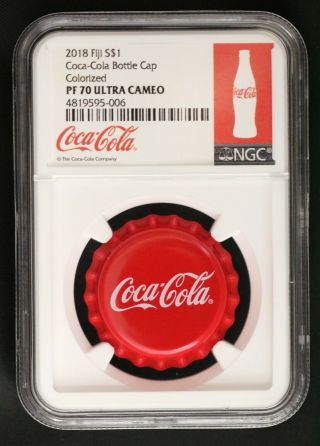 2018 Fiji Silver Dollar Coca - Cola Bottle Cap $1 Ngc Pf 70 Ultra Cameo With Tin
