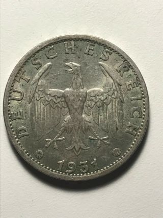 1931 German Three Reichs Mark Coin " A " Silver Circulated