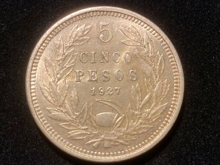 T2: Chile 1927 Wide 5.  900 Silver Peso.  Bu.  Seller Paid Insurance
