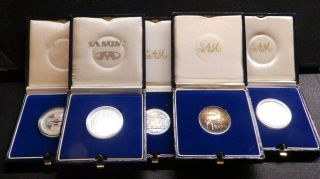South African 5 Different 1 Rand Silver Proof Coins 1985 - 1992 Cased