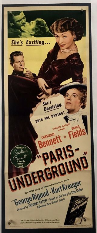Paris Underground Movie Poster (fine) Insert 1945 Constance Bennett 286f