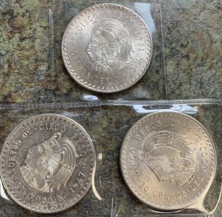 3 - 1947 Cuauhtemoc 5 Pesos Estados Unidos Mexicanos.  900 Silver Coins