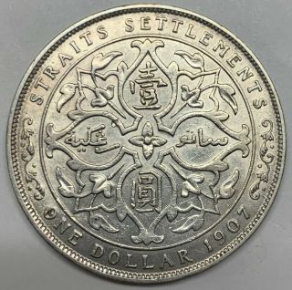 1907 Straits Settlements Silver Dollar Edward Vii F/vf Cleaned Coin Km 26 H