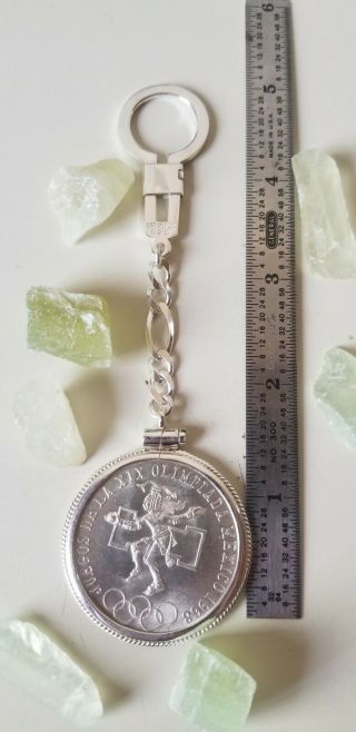 1968 Mexico Xix Olympics.  72 Silver 25 Pesos Coin W.  925 Silver Key Chain