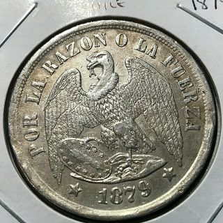 1879 Chile Silver Un Peso Crown Coin