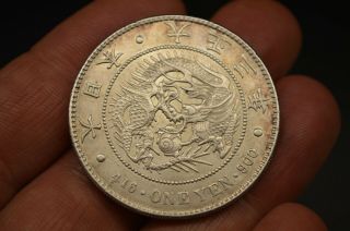 Japan 1914 1 Yen.  900 Silver Coin Dragon Beaded Circle Lightly Cleaned