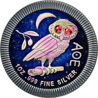 Niue 2020 2$ Athenian Owl Night Sky 1 Oz 999 Silver Coin With Swarovski Crystals