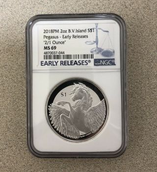 2018 Ms69 Bvi 2 Oz Silver Pegasus Obverse 2/1 Oz Error Ngc Early Release Coin