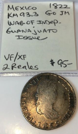 1822 Go Jm Mexico,  2 Reales War Of Independence,  Vf/xf,  Gray & Gold W/some Blue