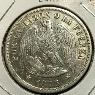 1876 Chile Silver Un Peso Crown Coin