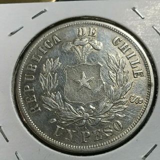 1876 CHILE SILVER UN PESO CROWN COIN 2