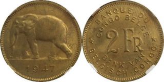 1947 Belgian Congo 2 Franc,  Elephant Ngc Ms63