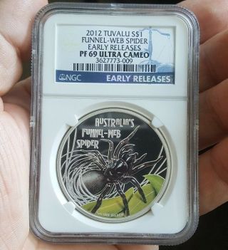 2012 Tuvalu 1 Oz.  999 Silver Proof Coin Funnel Web Spider - Ngc Pf69 Ucam
