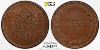 Pcgs Ms - 63 Papal States Italy 2 Baiocchi 1851 - R (anno V) Combined Pop: 1/0