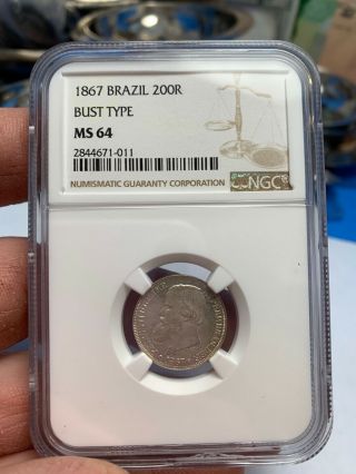 1867 Brazil 200 Reis,  Ngc Ms64