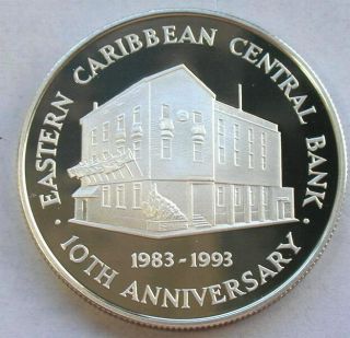 East Caribbean 1993 Central Bank 10 Dollars Silver Coin,  Proof