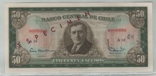 Chile Specimen Banknote 50 Escudos (1962 - 75) Serie A10 P - 140s Aunc,