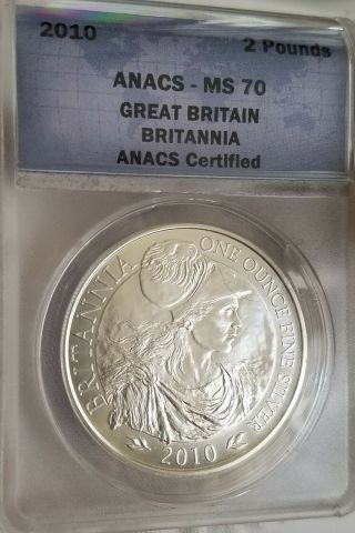 2010 1 Oz.  Uk " Britannia ".  999 Fine Silver Coin Graded Flawless Ms70