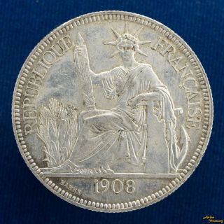 1908 French Indo - China 1 Piastre Silver Crown Coin Vf/ef Vietnam Laos Cambodia
