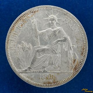 1898 French Indochina 1 Piastre Silver Crown Coin Vf Vietnam Lao Cambodia