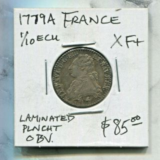 France - Historical Louis Xvi Silver 1/10 Ecu,  1779 A,  Km 568.  1