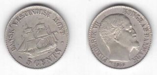 Danish West Indies - Rare Silver 5 Cent Coin 1859 Year Km 65 Ship