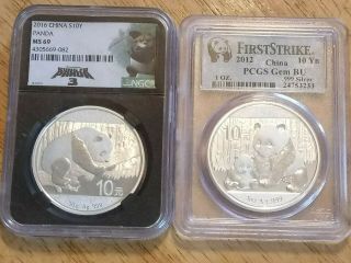 2 - 10 Yuan 1 Ounce Silver Panda Coins.  1 By Pcgs.  1 Black Card Ngc Kung Fu Panda.