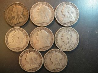 Eight (8) Great Britain Sterling Silver Florin.  Queen Victoria Very Good To Fine