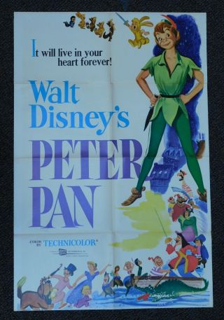 Vintage Peter Pan Movie Poster 27x41 Walt Disney Folded Technicolor