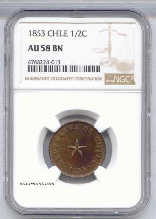 Chile 1853 1/2 Medio Centavo Coin Ngc Certified Au - 58