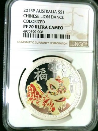 Ngc Pf70uc - Australia 2015p Chinese Lion Dance Colorized Silver $1 Perfect Proof